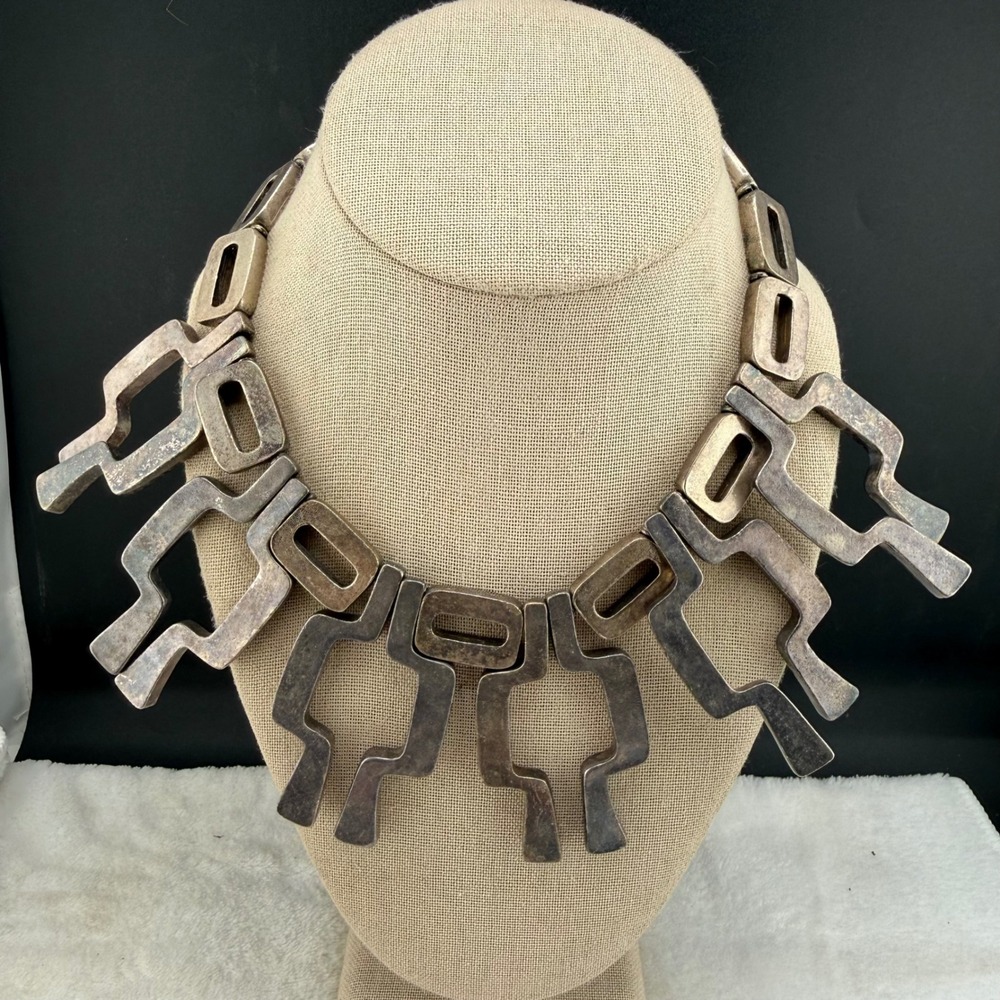 Metal Pointu's Paris  Necklace Silver Tone Sculptural‎ Geometric Statement 16"
